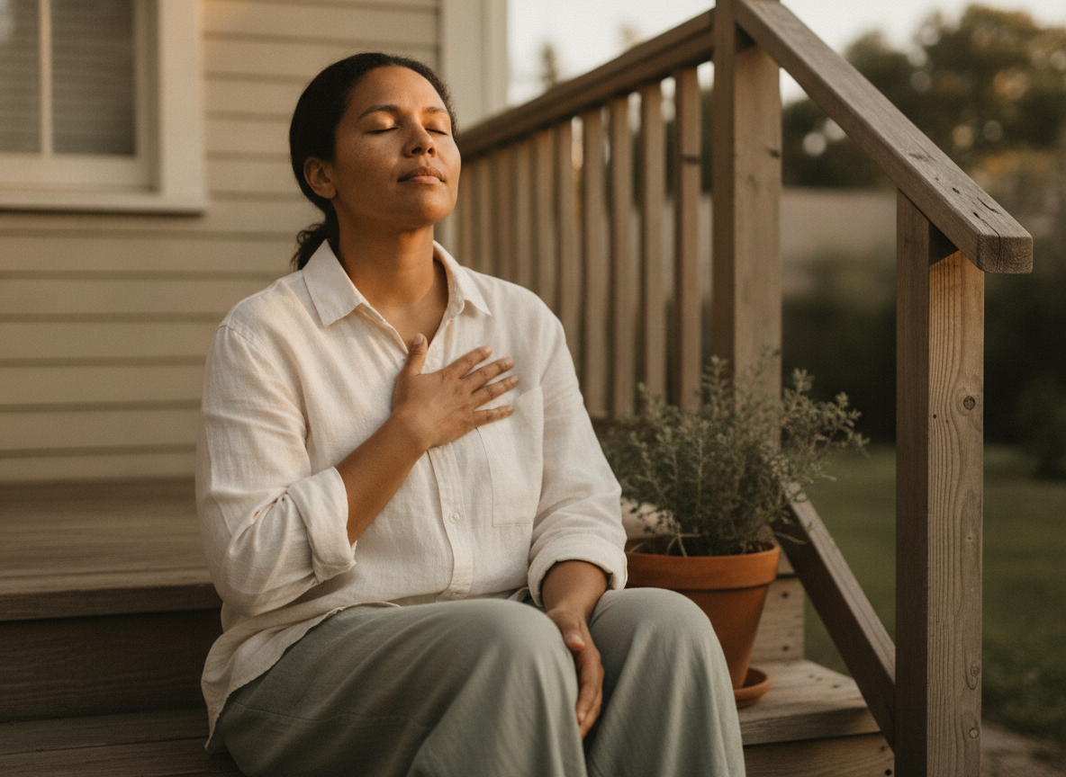a mixed-race woman sitting outside on a porch step, eyes closed, hand over heart, calming herself down a mixed-race woman sitting outside on a porch step, eyes closed, hand over heart, calming herself down