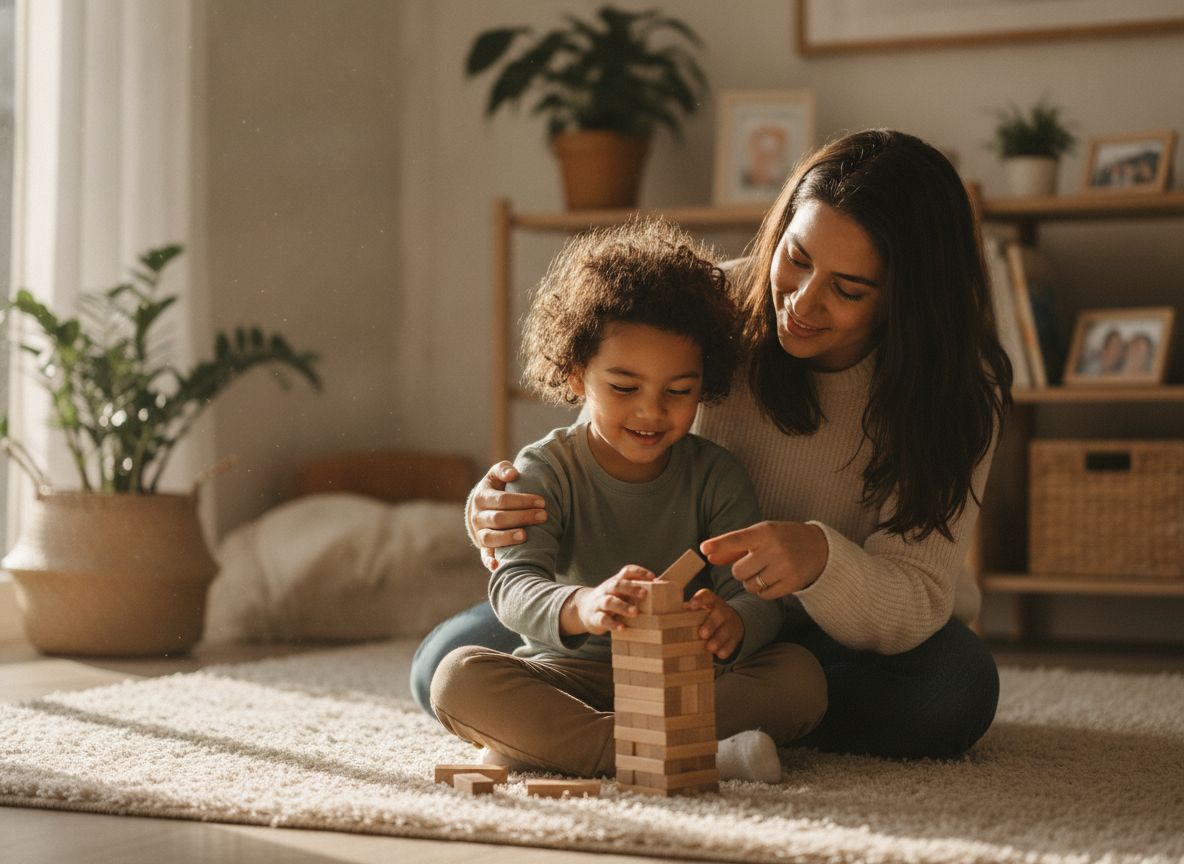 a Hispanic/Latino child and parent sitting together on the floor, both calm and engaged, warm home environment a Hispanic/Latino child and parent sitting together on the floor, both calm and engaged, warm home environment
