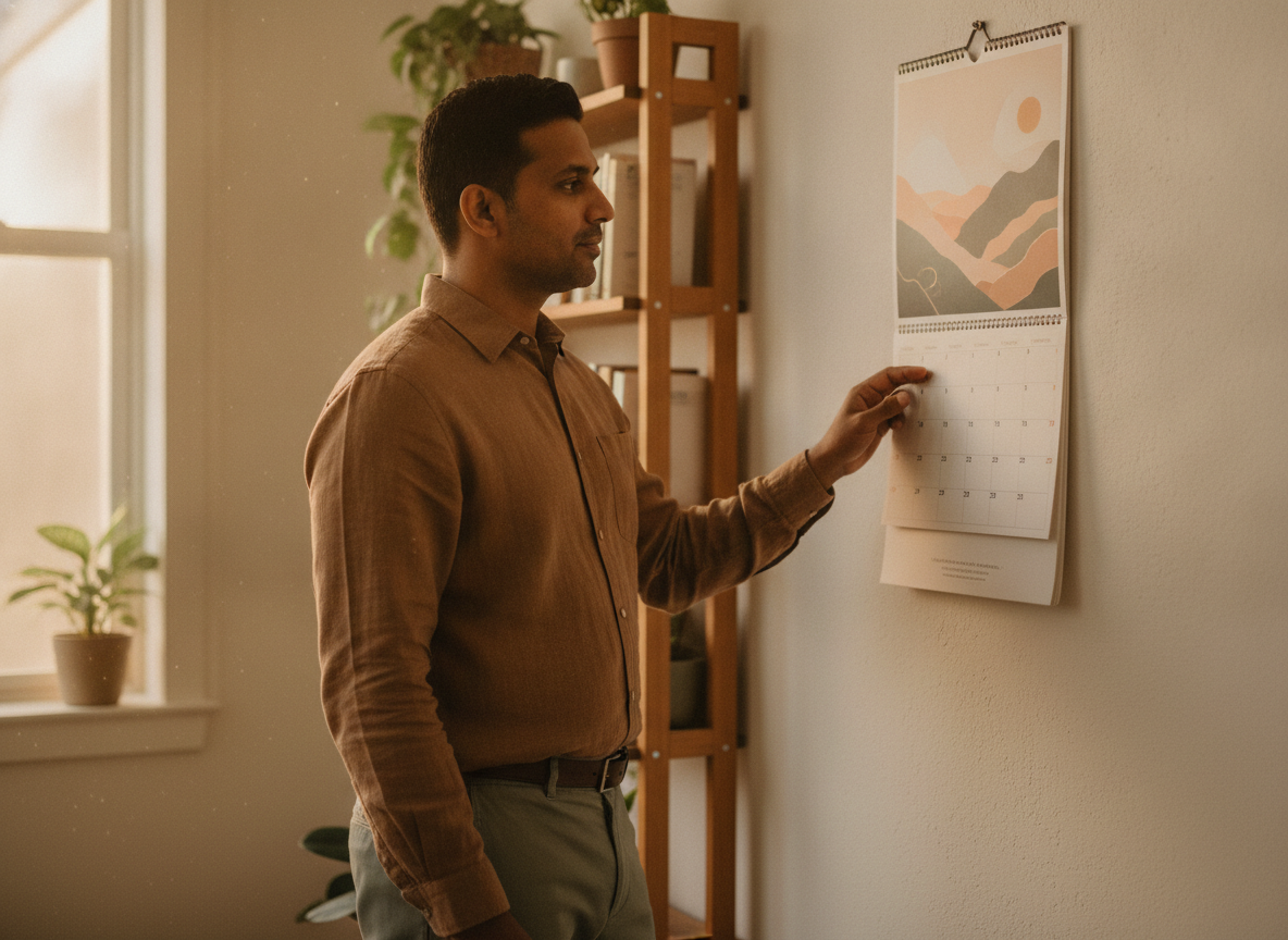 a South Asian man checking a wall calendar at home, calm purposeful expression, natural daylight a South Asian man checking a wall calendar at home, calm purposeful expression, natural daylight