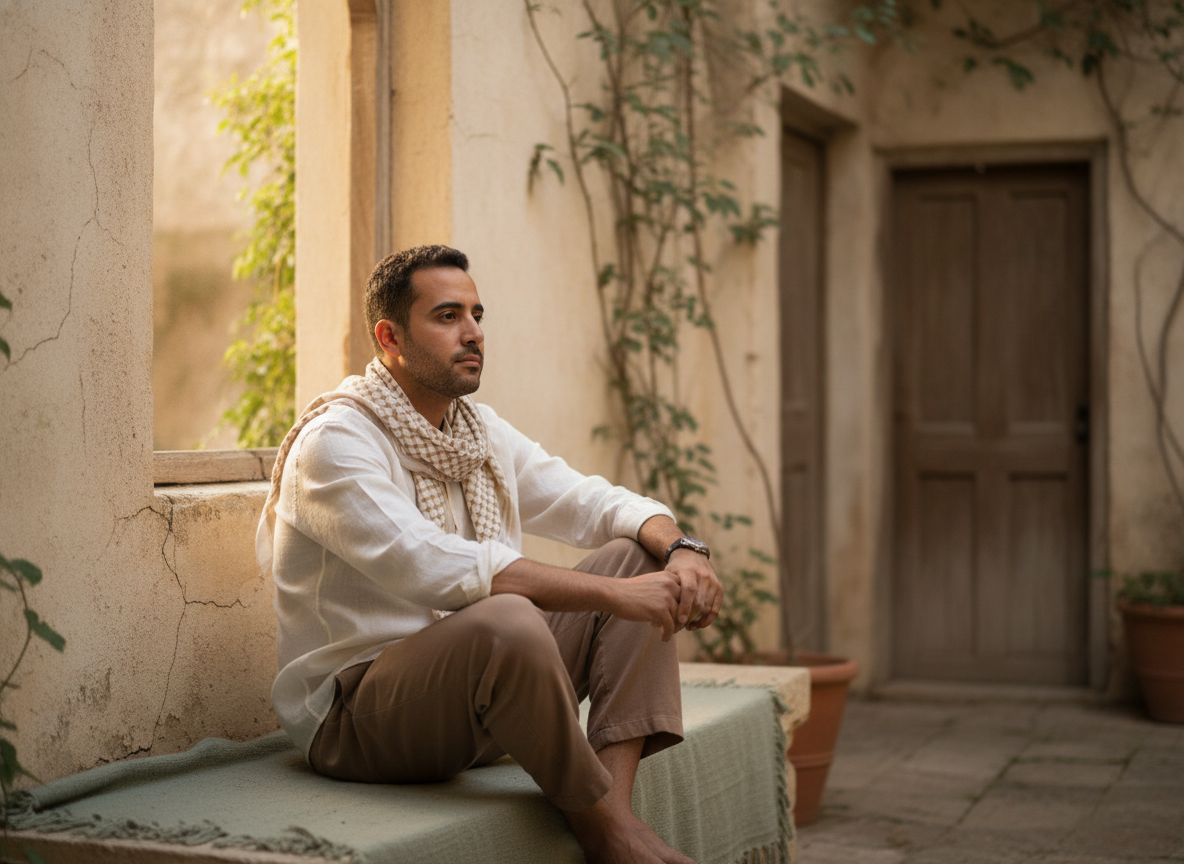a Middle Eastern man sitting quietly outdoors, gaze fixed calmly on the middle distance, relaxed grounded posture