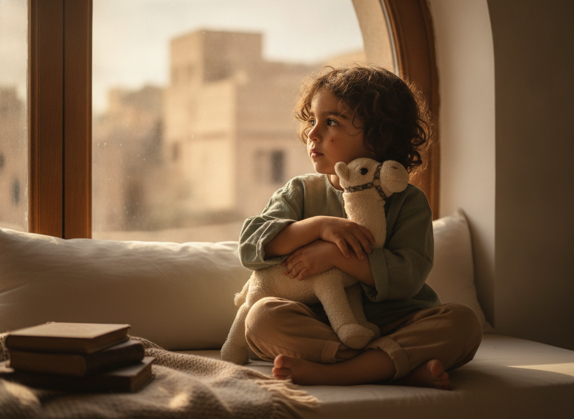 a Middle Eastern child sitting by a window with a favorite stuffed animal, calm quiet moment a Middle Eastern child sitting by a window with a favorite stuffed animal, calm quiet moment