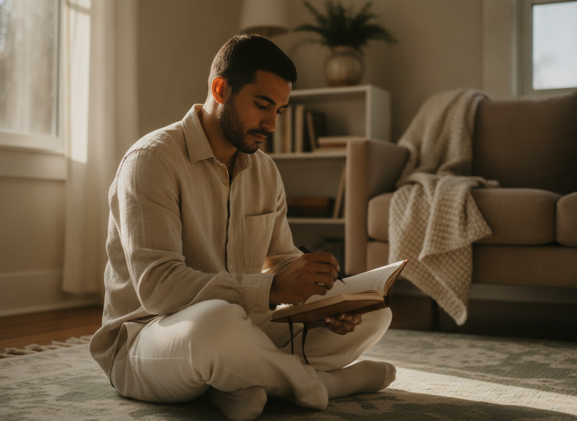 a Hispanic/Latino man sitting cross-legged on a rug at home, journal open, calm focused expression