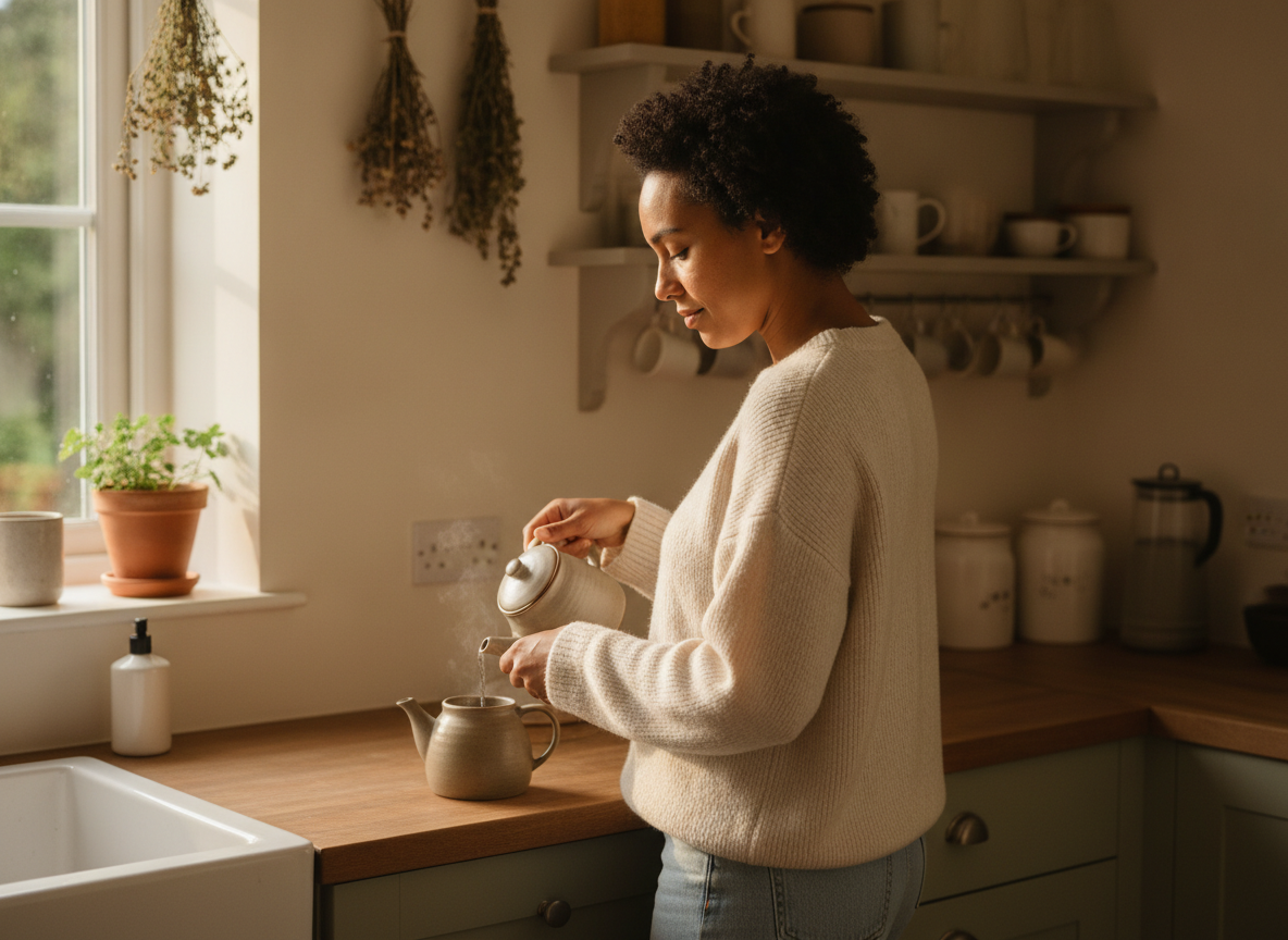 a mixed-race woman standing in a sunlit kitchen, slowly making tea, quiet peaceful moment a mixed-race woman standing in a sunlit kitchen, slowly making tea, quiet peaceful moment