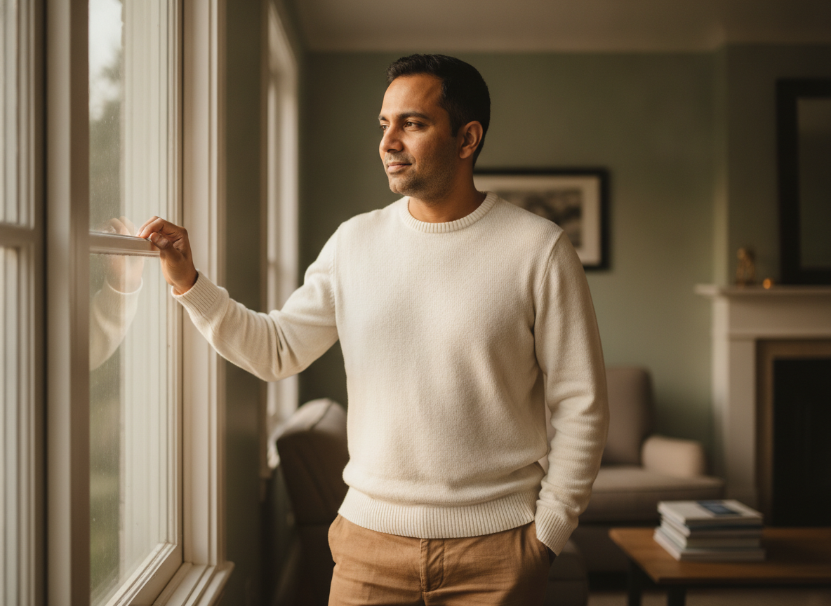 a South Asian man standing at a bright window at home, one hand on the window frame, looking out calmly, processing a th