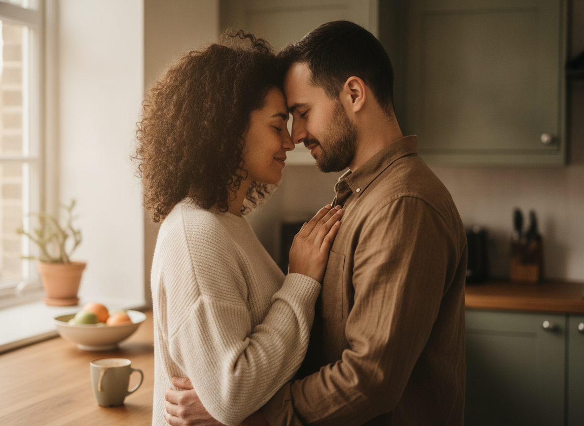a mixed-race couple standing close together in a kitchen, foreheads gently touching, quiet connected moment