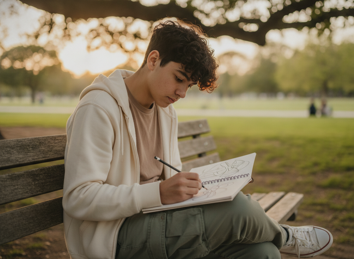 a Hispanic/Latino teenager drawing in a sketchbook outdoors on a park bench, relaxed and absorbed a Hispanic/Latino teenager drawing in a sketchbook outdoors on a park bench, relaxed and absorbed