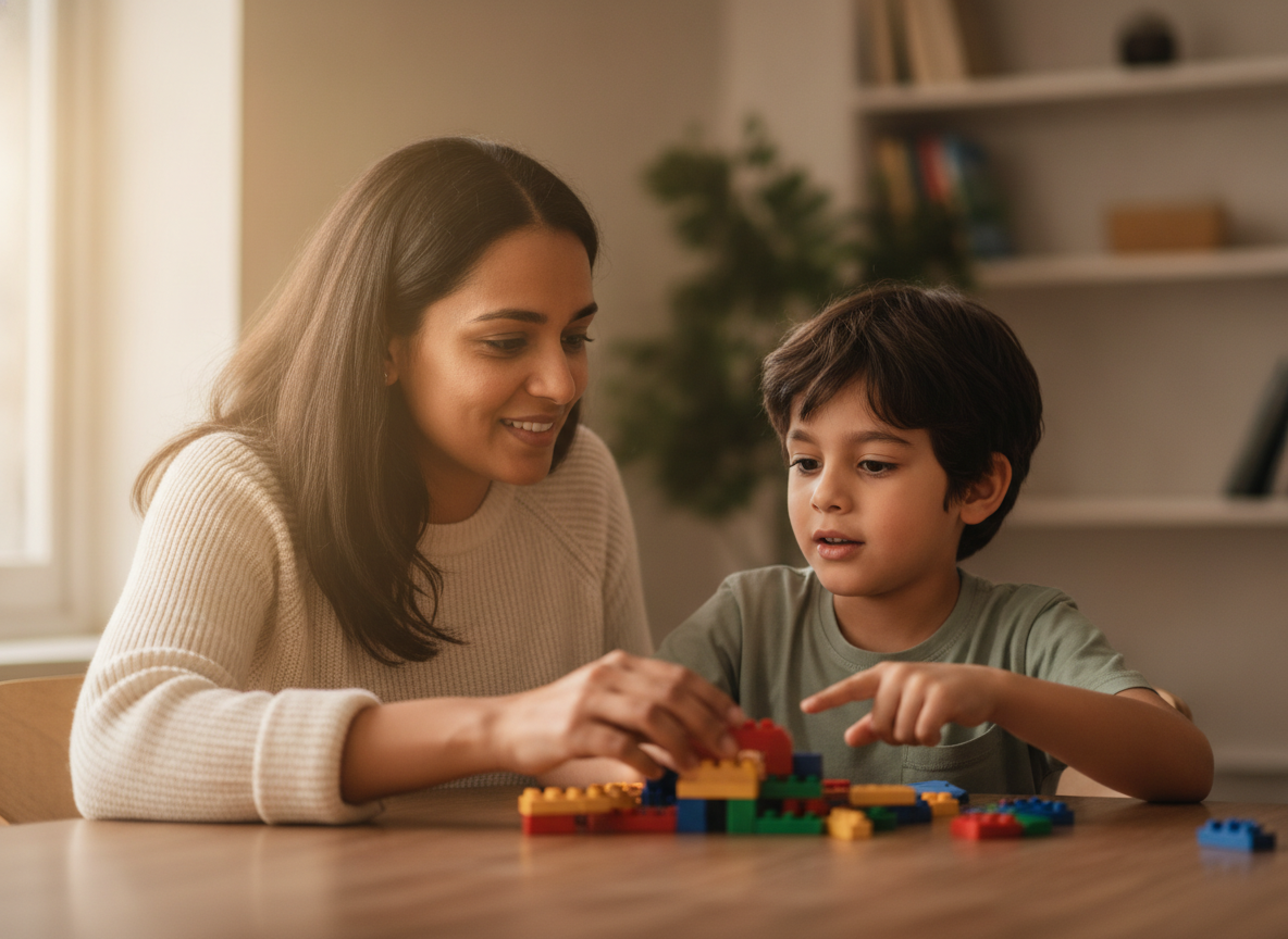 a South Asian parent and child sitting together at a table doing an activity, warm engaged moment