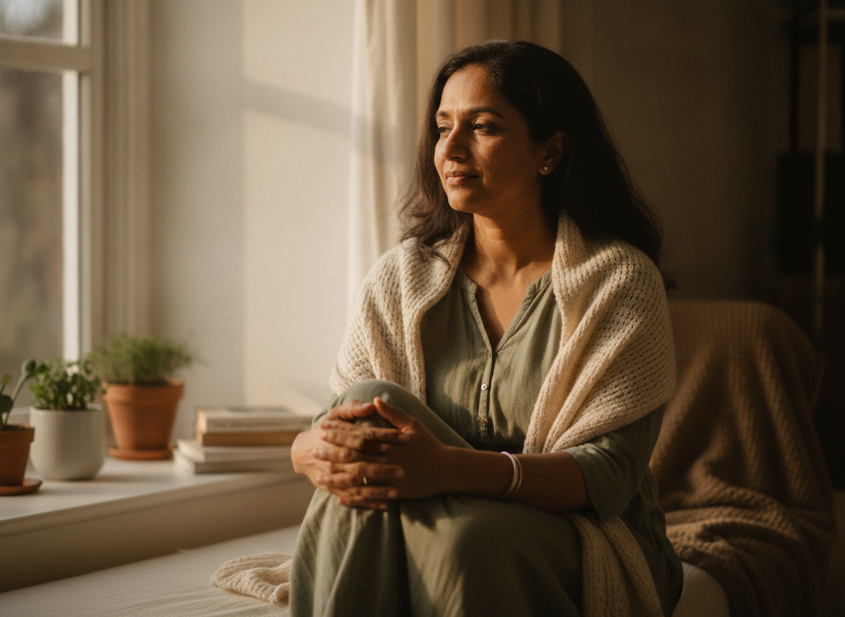 a South Asian woman sitting quietly by a window, hand resting gently on her lap, calm meditative expression
