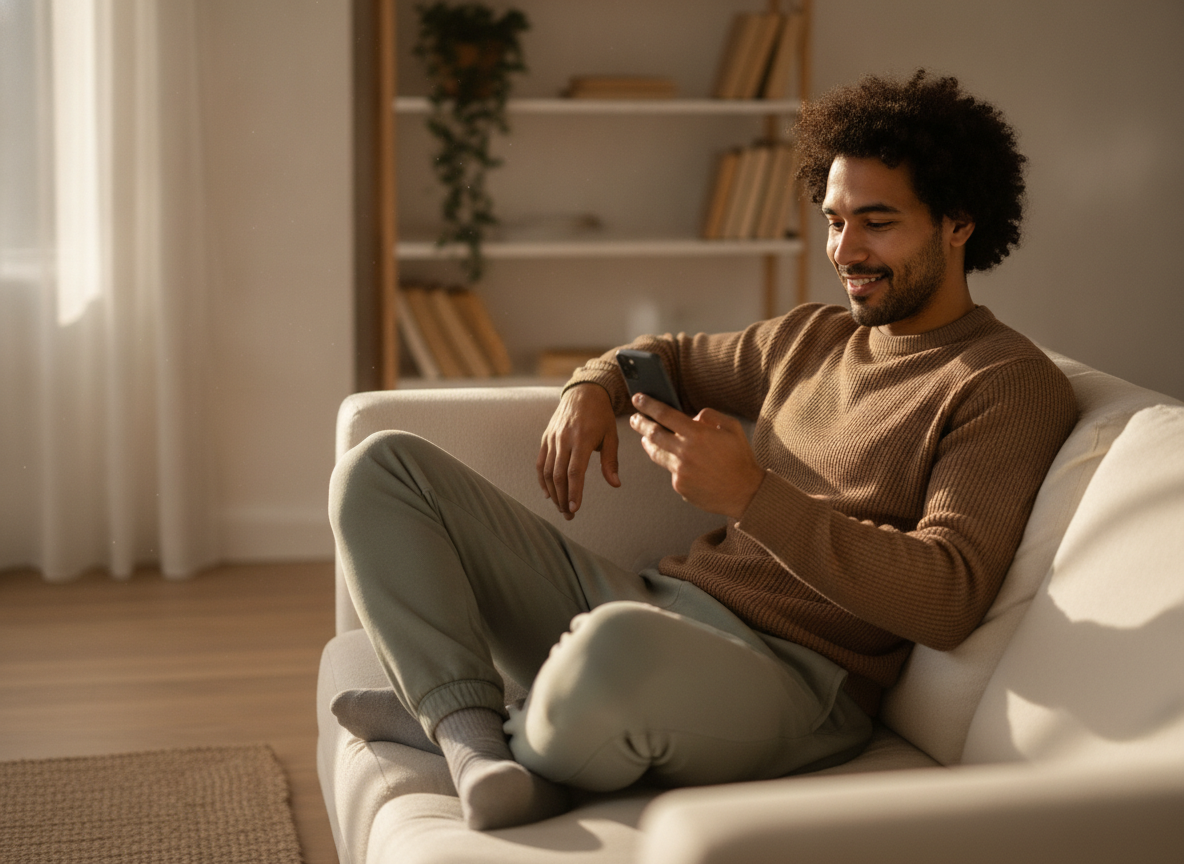 a mixed-race man looking at his phone with a relaxed, hopeful expression, sitting comfortably at home a mixed-race man looking at his phone with a relaxed, hopeful expression, sitting comfortably at home