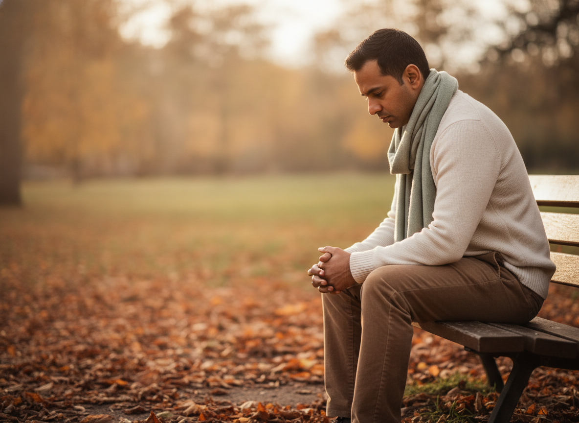 a South Asian man sitting alone on a park bench in autumn, looking down thoughtfully, leaves around him a South Asian man sitting alone on a park bench in autumn, looking down thoughtfully, leaves around him
