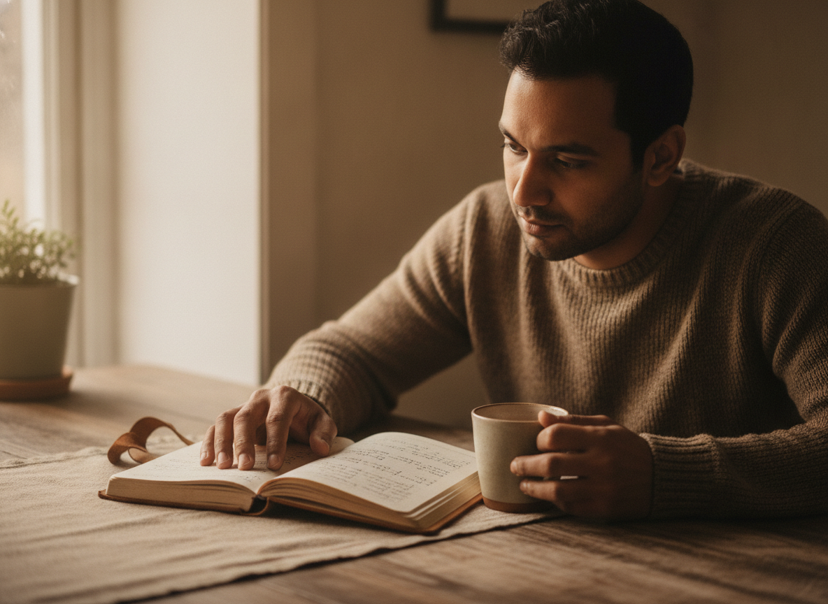 a South Asian man sitting at a table, journal open, in a thoughtful reflective pause, soft daylight a South Asian man sitting at a table, journal open, in a thoughtful reflective pause, soft daylight