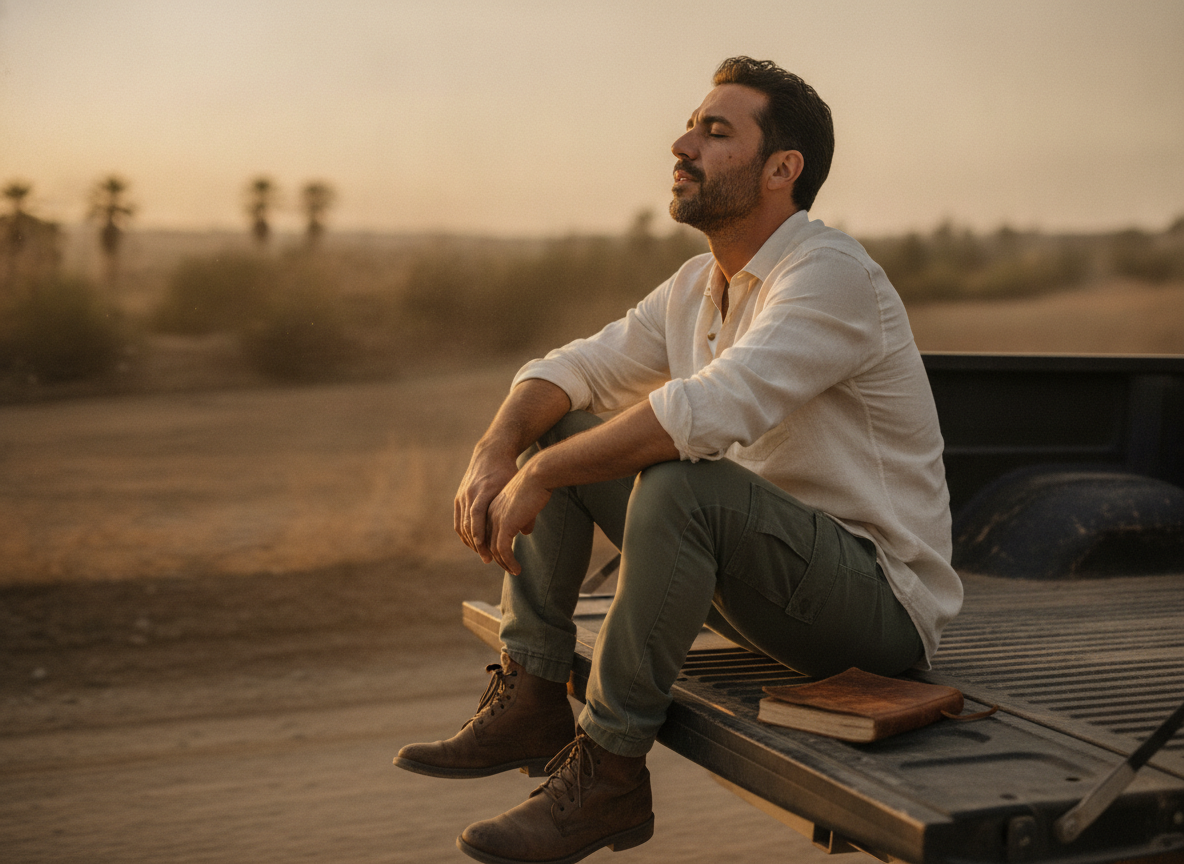 a Middle Eastern man sitting on a moving truck's tailgate at sunset, taking a breath, reflective