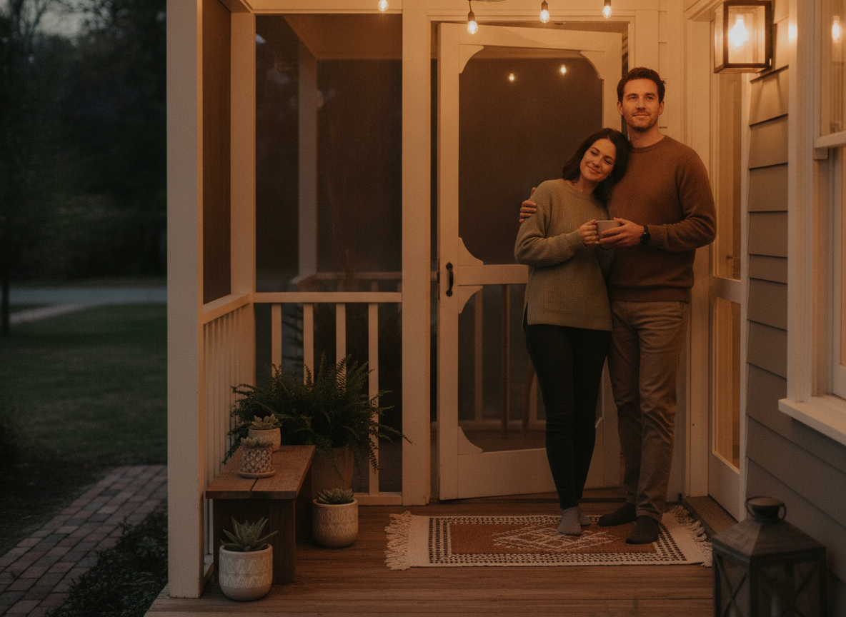 a close-up of a welcoming front porch entrance with warm light spilling out at dusk a close-up of a welcoming front porch entrance with warm light spilling out at dusk
