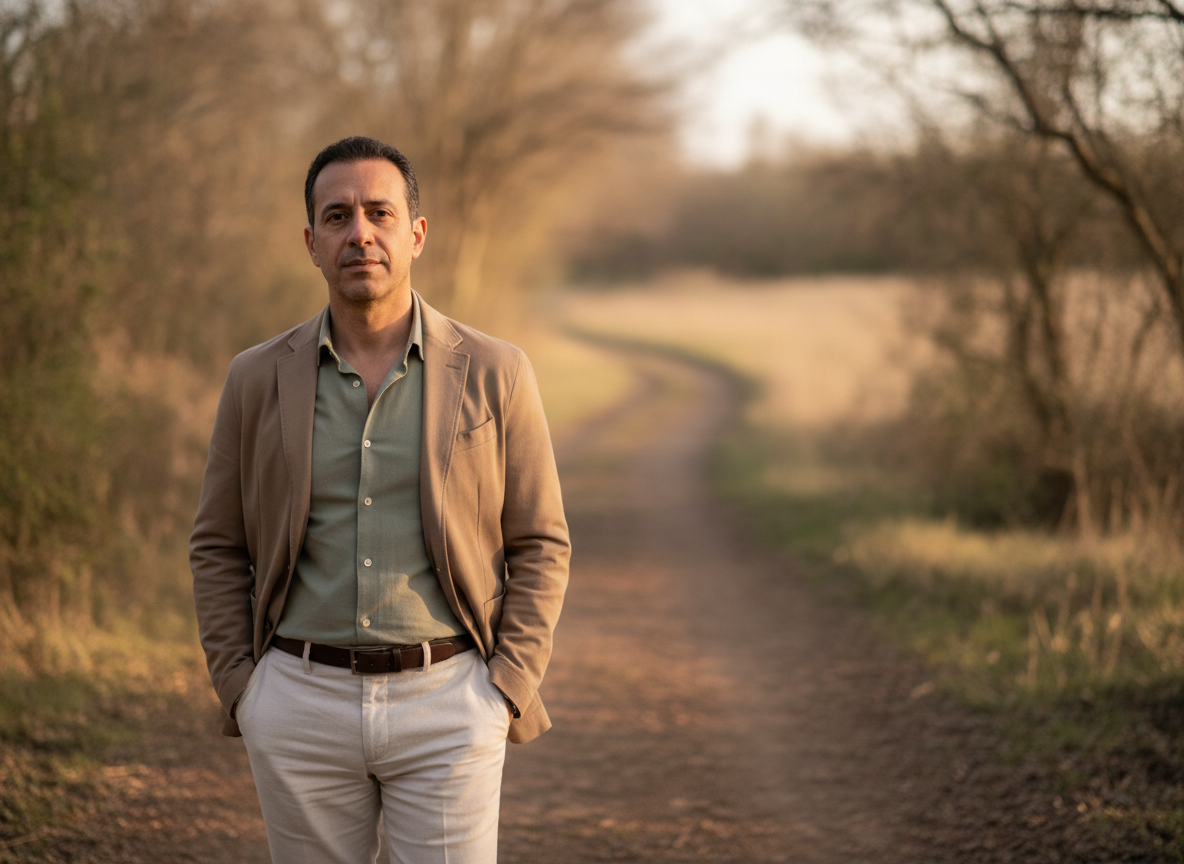 a Middle Eastern man walking alone on a quiet trail, hands in pockets, calm focused expression