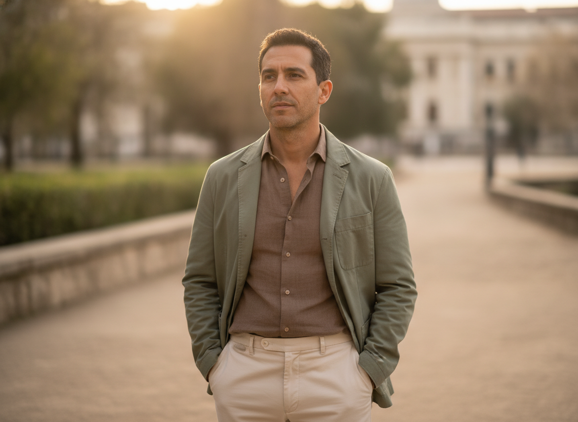 a Hispanic/Latino man standing outdoors in a park, hands in pockets, looking ahead with quiet determination