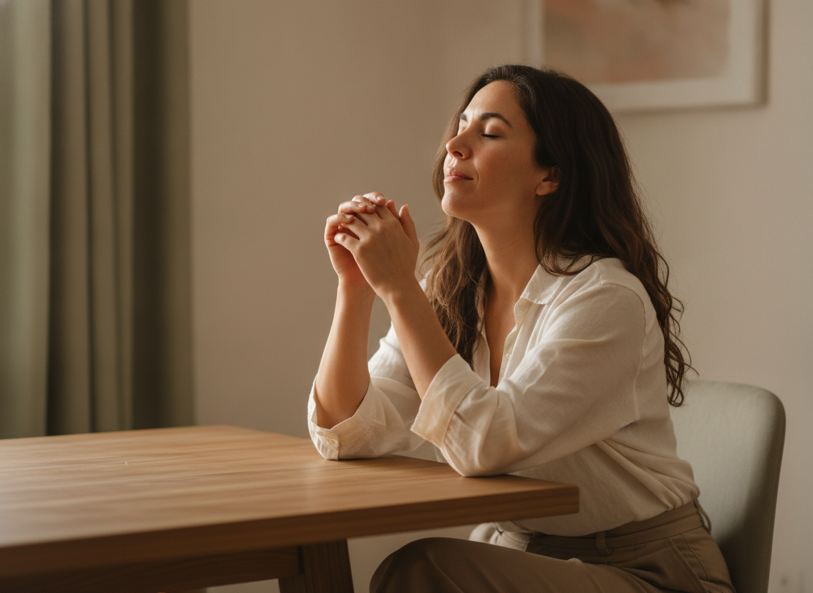 a Hispanic/Latino woman sitting at a table, hands resting calmly, eyes closed, taking a mindful pause a Hispanic/Latino woman sitting at a table, hands resting calmly, eyes closed, taking a mindful pause