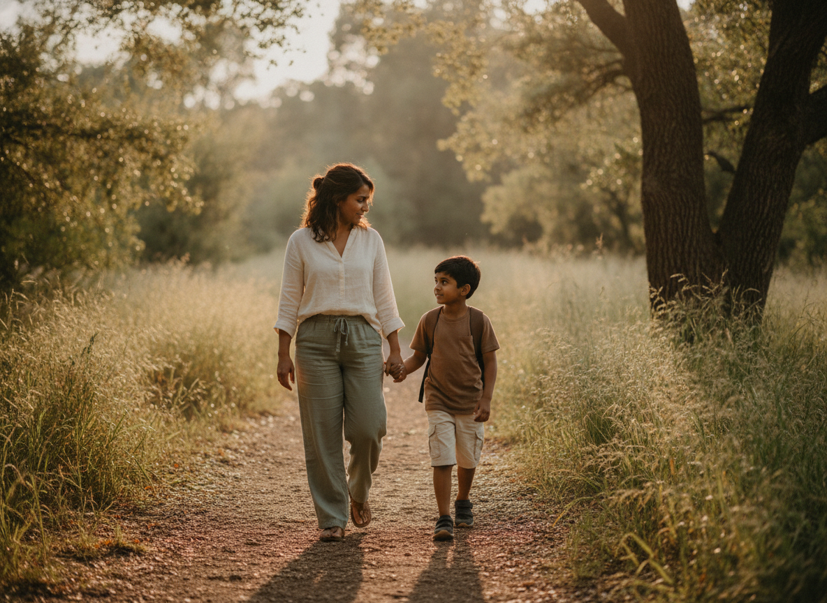 a South Asian parent and child walking together outdoors on a nature trail, holding hands, calm and connected a South Asian parent and child walking together outdoors on a nature trail, holding hands, calm and connected
