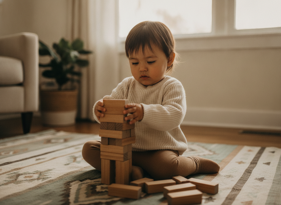 a young Native American child sitting alone on a colorful rug at home, gently playing with wooden blocks, calm and absor