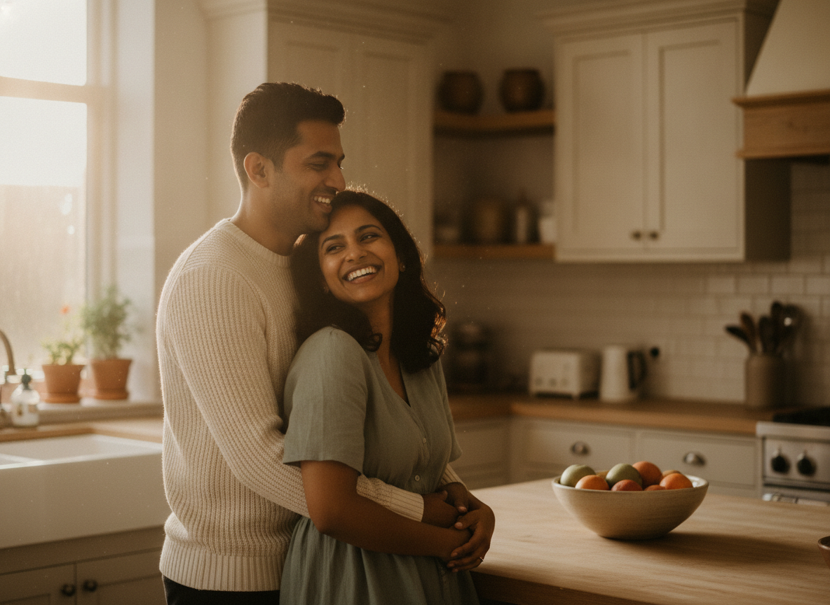 a South Asian couple standing together in a bright kitchen, laughing softly, close and relaxed a South Asian couple standing together in a bright kitchen, laughing softly, close and relaxed