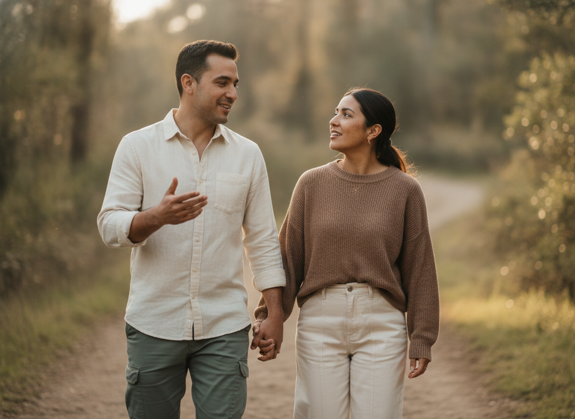 a Hispanic/Latino couple walking together outdoors on a trail, talking, relaxed body language a Hispanic/Latino couple walking together outdoors on a trail, talking, relaxed body language