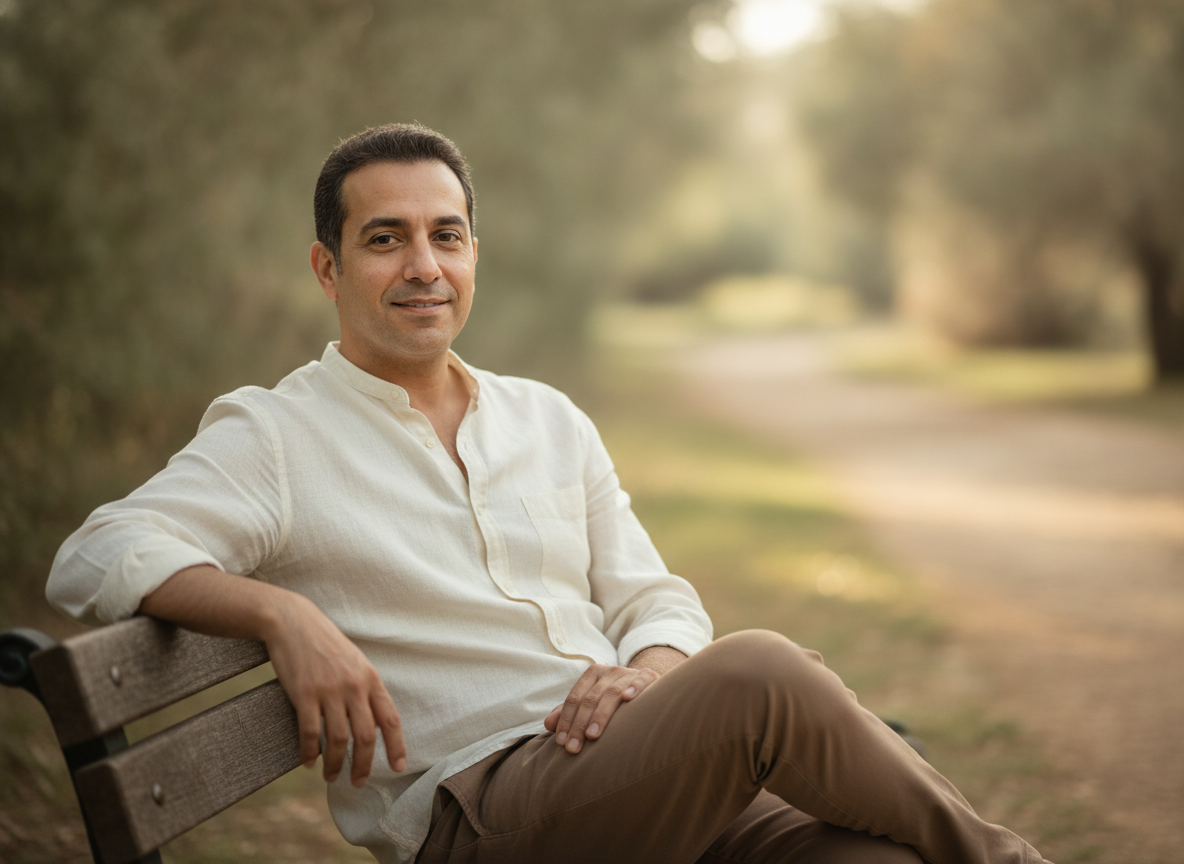 a Middle Eastern man sitting outdoors on a bench, relaxed confident posture, soft smile, natural park setting