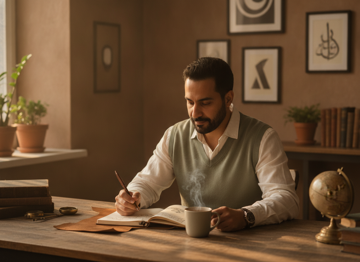 a Middle Eastern man sitting at a desk with a notebook, calm and focused, warm environment