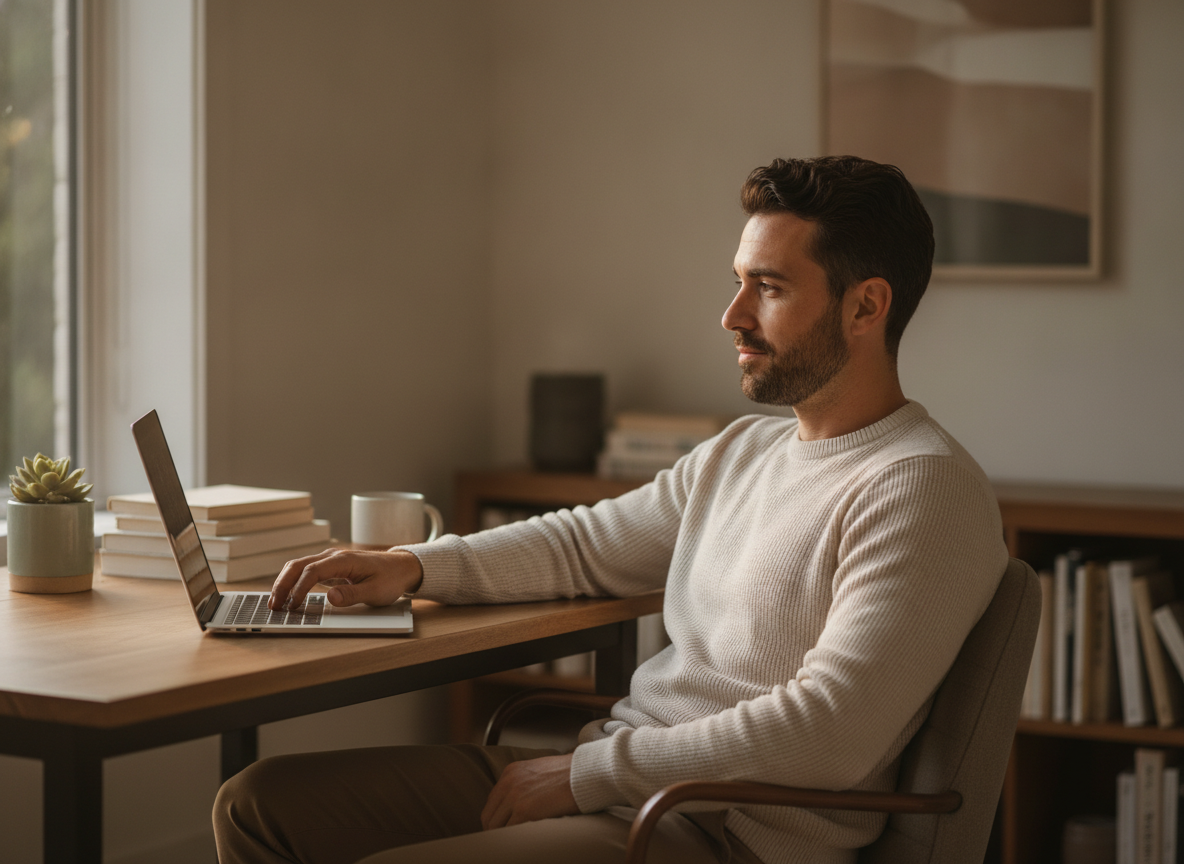 a Hispanic/Latino man sitting at a home desk with a laptop, relaxed posture, soft daylight through a window a Hispanic/Latino man sitting at a home desk with a laptop, relaxed posture, soft daylight through a window