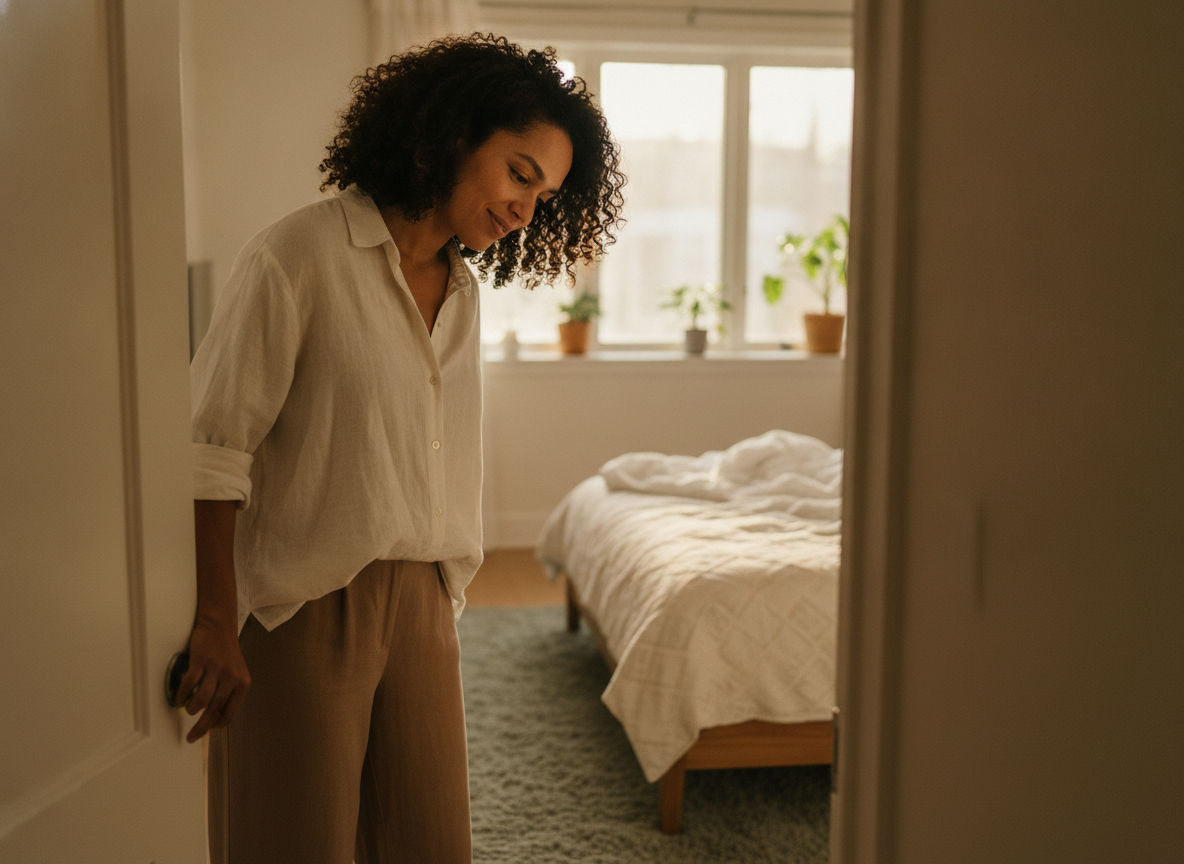 a mixed-race woman standing in a bedroom doorway, looking in gently, warm calm moment a mixed-race woman standing in a bedroom doorway, looking in gently, warm calm moment